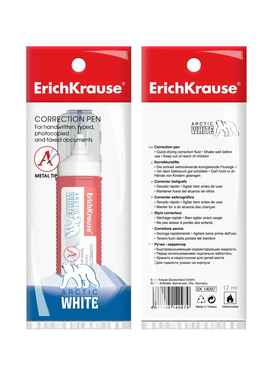 Ручка-корректор ErichKrause Arctic white, в пакете по 1 шт