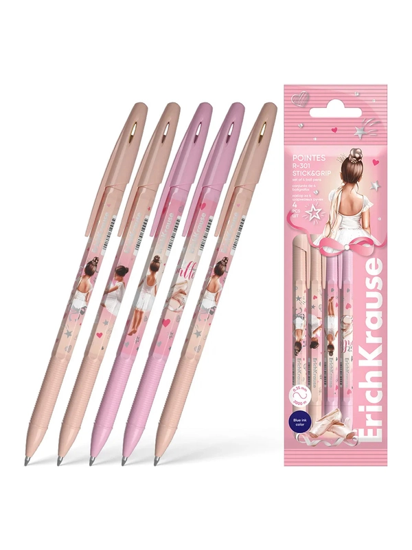 Набор из 4 ручек шариковых ErichKrause R-301 Stick&Grip Pointes 0.7, цвет чернил синий