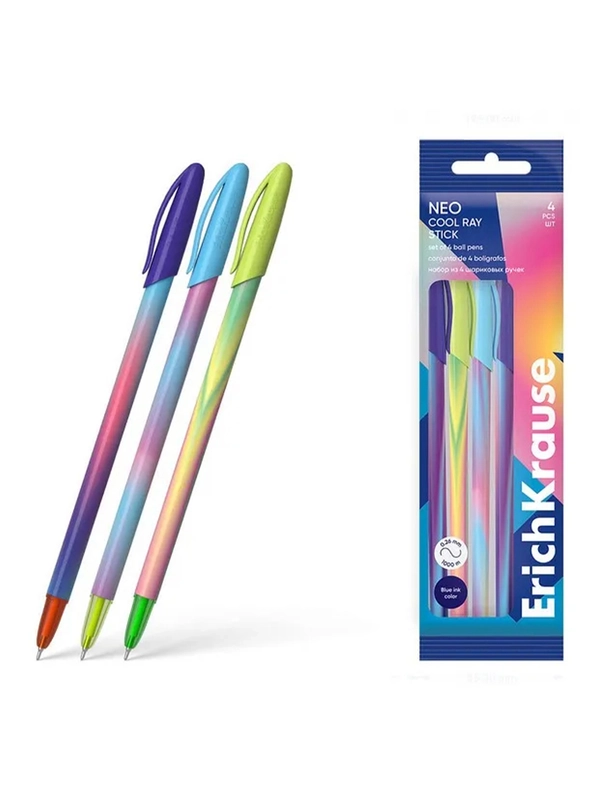 Набор из 4 ручек шариковых ErichKrause Neo® Stick Cool Ray 0.7, цвет чернил синий