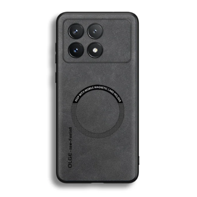Серый чехол для POCO X6 pro /  POCO F5 pro кожаный с кольцом для магнитного автодержателя