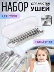 Набор для чистки ушей из медицинской стали в футляре, 6 инструментов