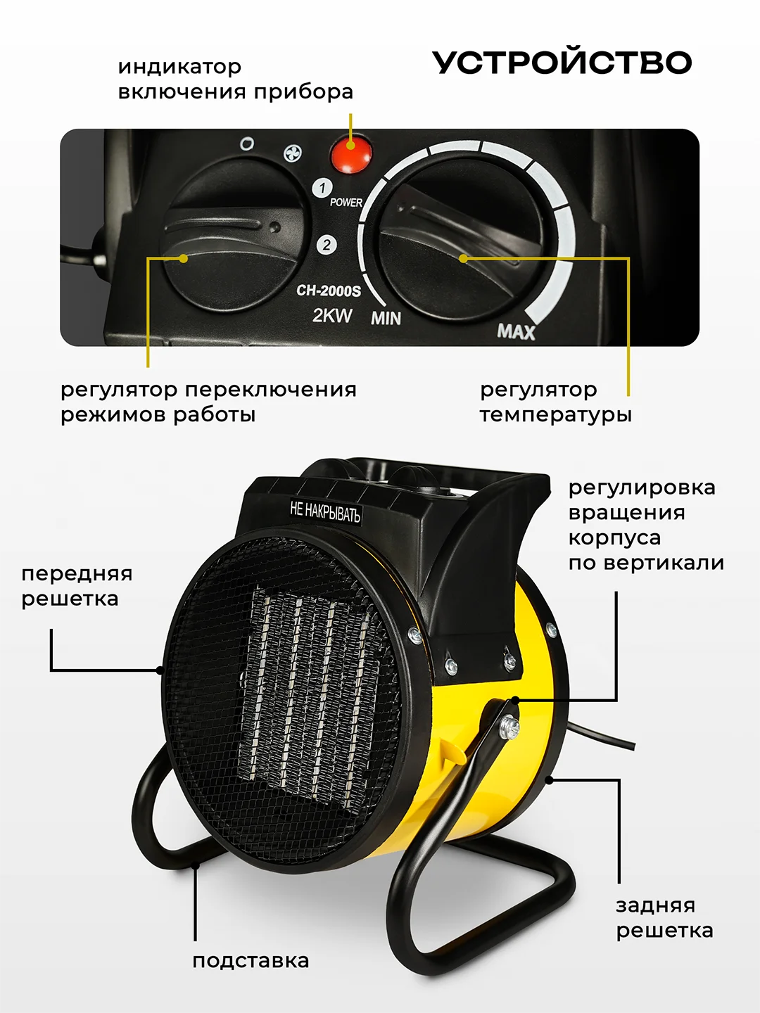 Тепловая пушка ELECTROLITE CH 2000 S, 2 кВт, керамический нагреватель, 3 режима