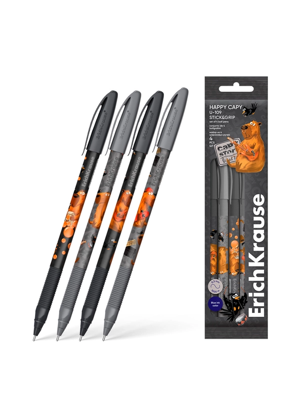 Набор из 4 ручек шариковых ErichKrause U-109 Stick&Grip Happy Capy 1.0, цвет чернил синий