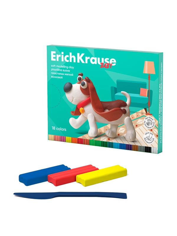 Пластилин мягкий восковой ErichKrause Baby 18 цветов со стеком, 234 г (в коробке 18 шт)