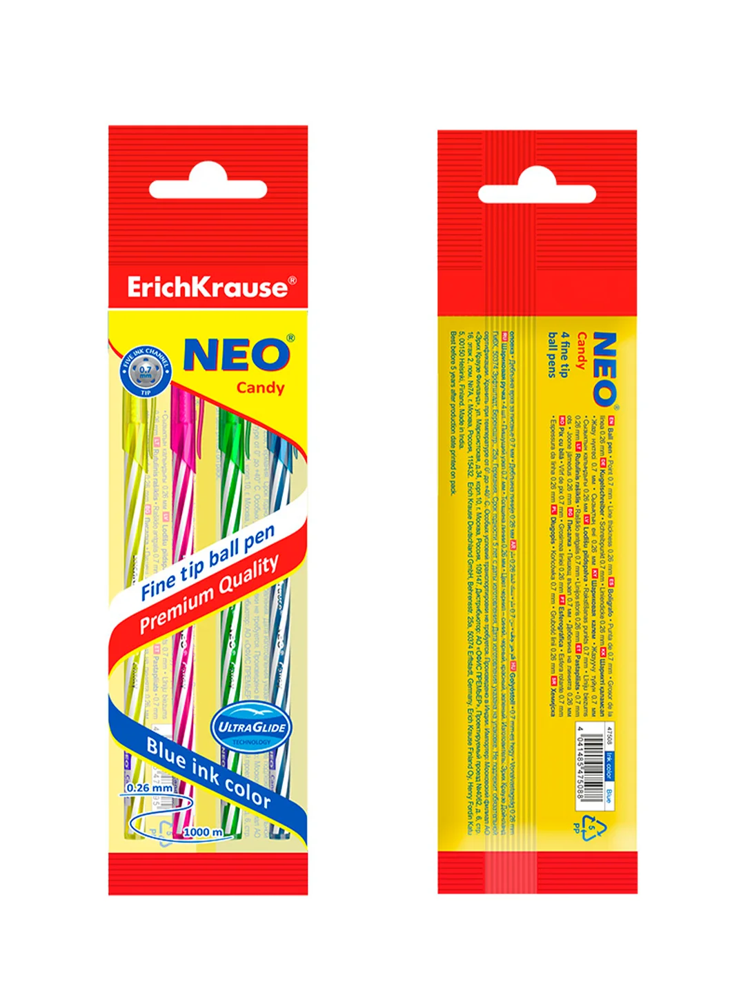 Набор из 4 ручек шариковых ErichKrause Neo® Stick Candy 0.7, цвет чернил синий