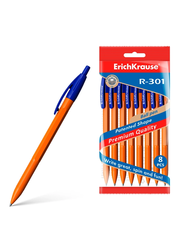 Набор из 8 ручек шариковых автоматических ErichKrause R-301 Matic Orange 0.7, цвет синий