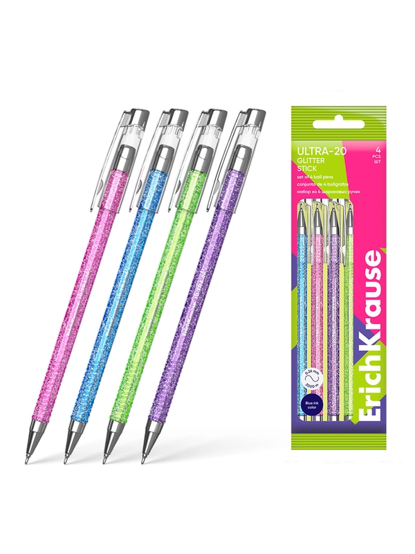 Набор из 4 ручек шариковых ErichKrause ULTRA-20 Stick Glitter 0.7, цвет чернил синий
