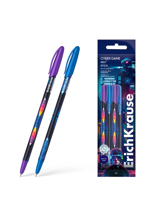 Набор из 4 ручек шариковых ErichKrause Neo® Stick Cyber Game 0.7, цвет чернил синий