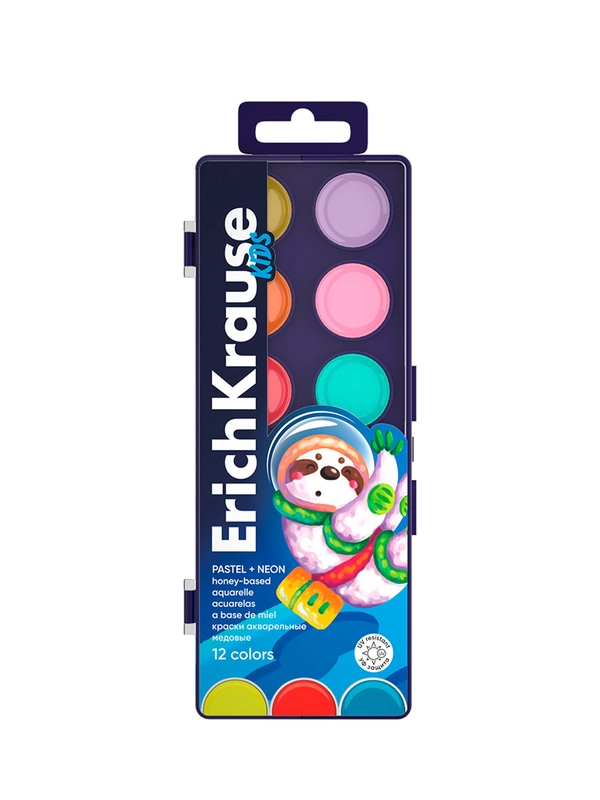 Краски акварельные ErichKrause Kids Space Animals Neon+Pastel медовые с УФ 12 цветов