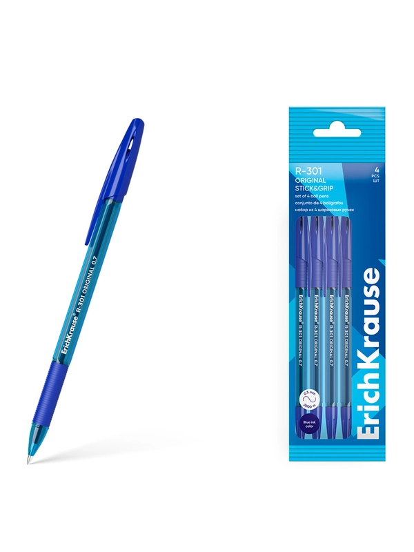Набор из 4 ручек шариковых ErichKrause R-301 Stick&Grip Original  1.0, цвет синий