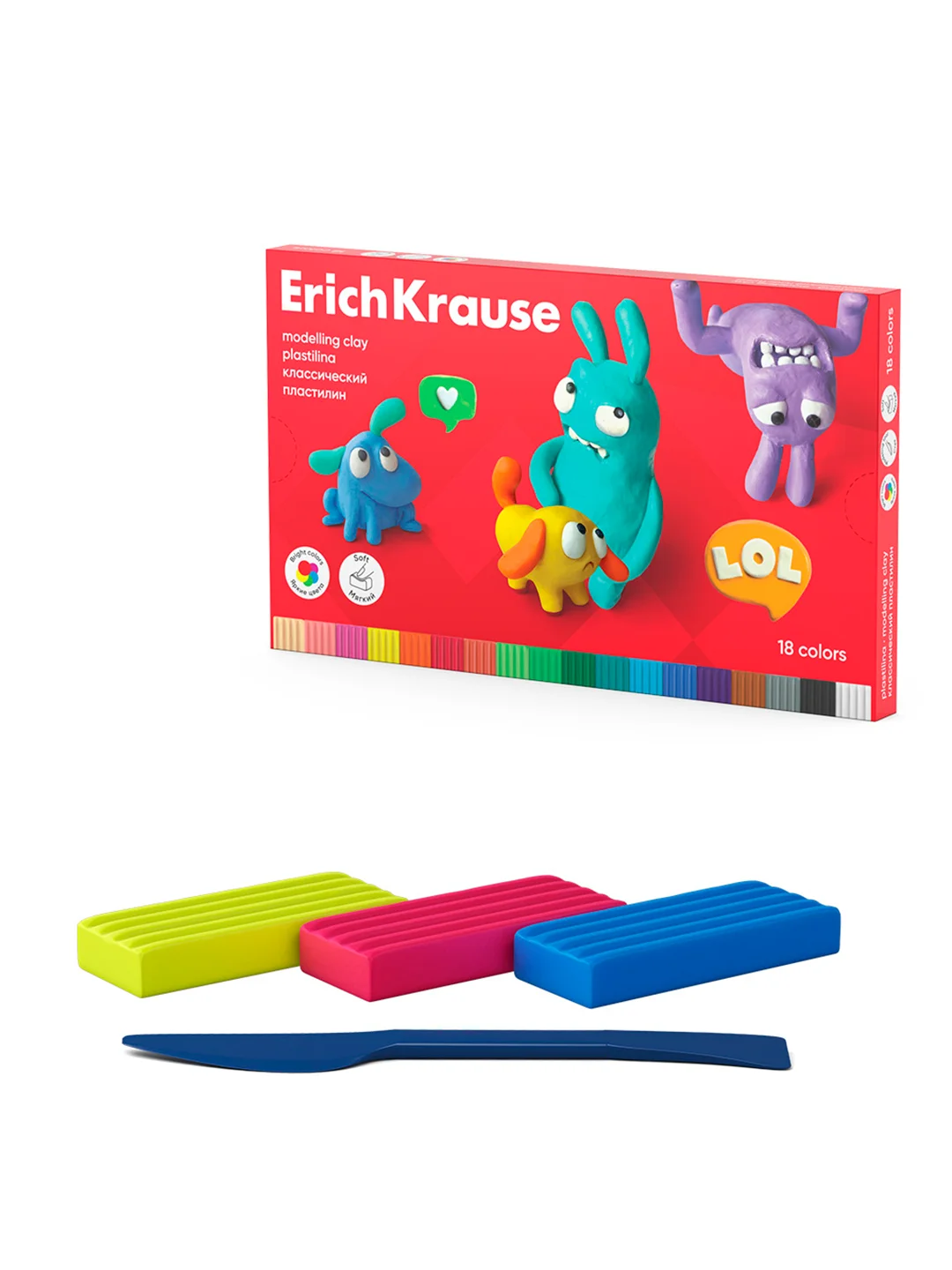 Пластилин классический ErichKrause Jolly Friends 6/8/10/12/16/18/24 цвета со стеком