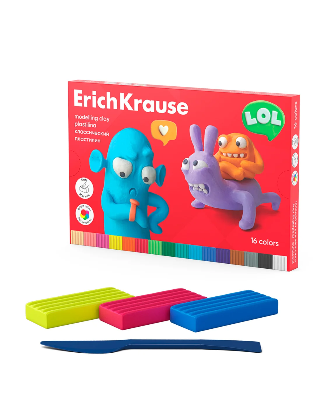Пластилин классический ErichKrause Jolly Friends 6/8/10/12/16/18/24 цвета со стеком