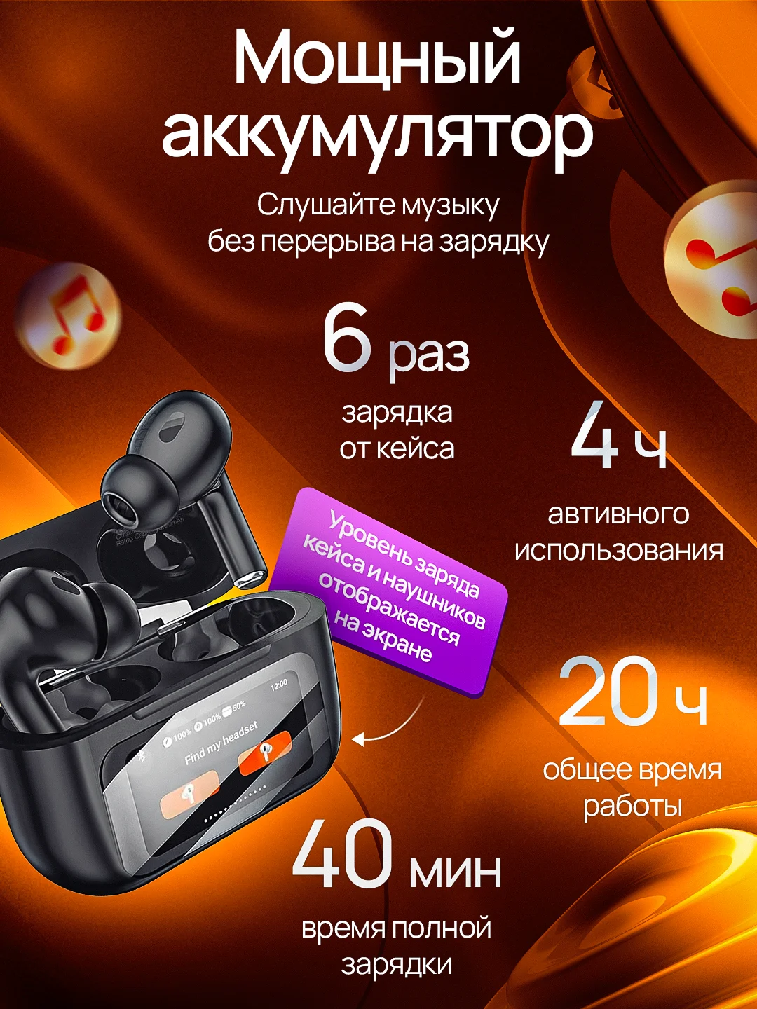 Черный беспроводные наушники с экраном / Наушники беспроводные с дисплеем