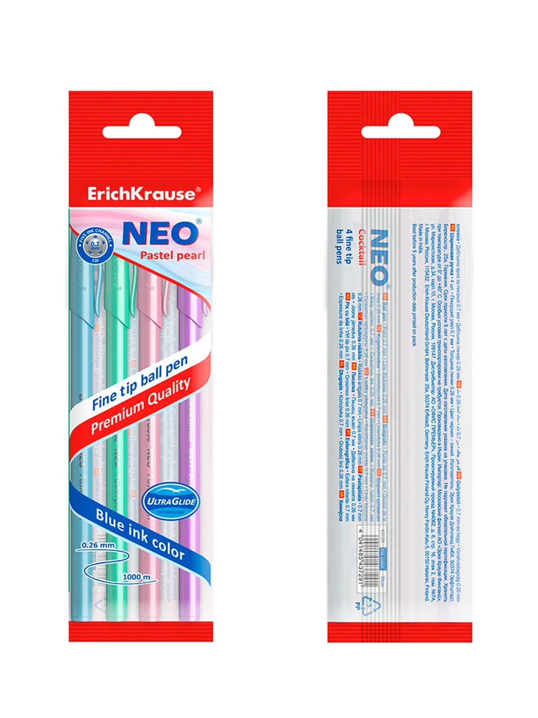 Набор из 4 ручек шариковых ErichKrause Neo® Stick Pastel 0.7, цвет чернил синий