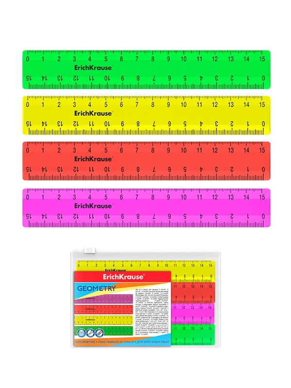 Набор из 4 пластиковых линеек ErichKrause Neon Solid, 15 см, ассорти (в пакете по 20 шт)
