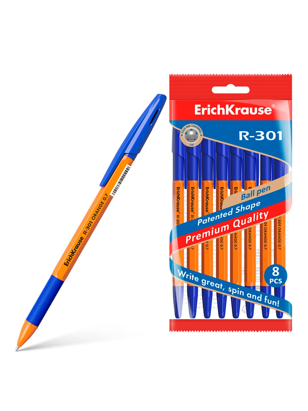 Набор из 8 ручек шариковых ErichKrause R-301 Stick&Grip Orange 0.7, цвет чернил синий