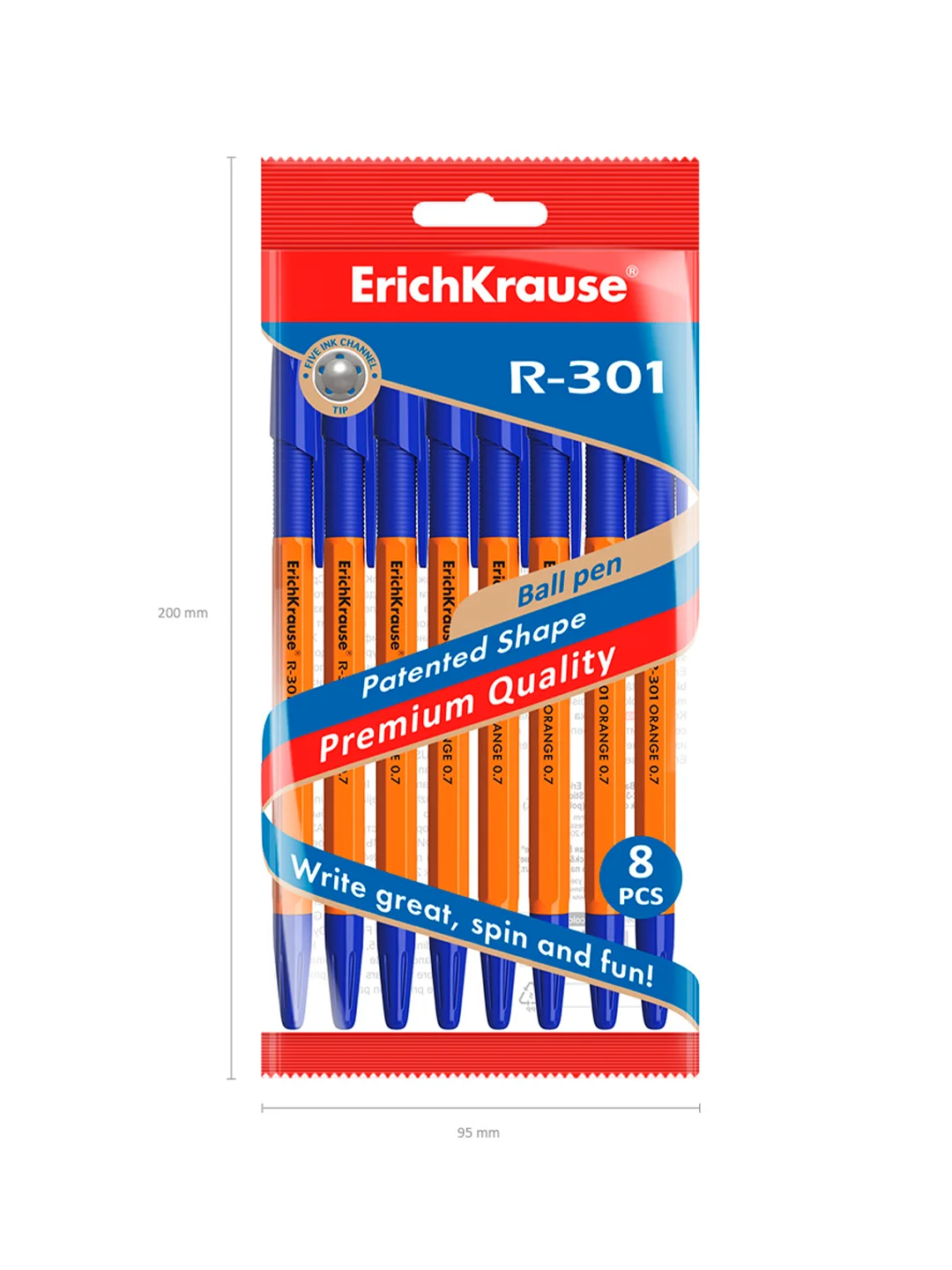 Набор из 8 ручек шариковых ErichKrause R-301 Stick&Grip Orange 0.7, цвет чернил синий