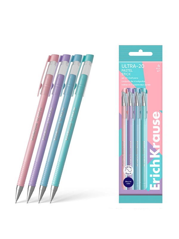 Набор из 4 ручек шариковых ErichKrause ULTRA-20 Stick Pastel 0.7, цвет чернил синий
