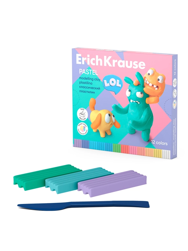 Пластилин классический ErichKrause Jolly Friends Pastel 12 цветов со стеком, 216 г