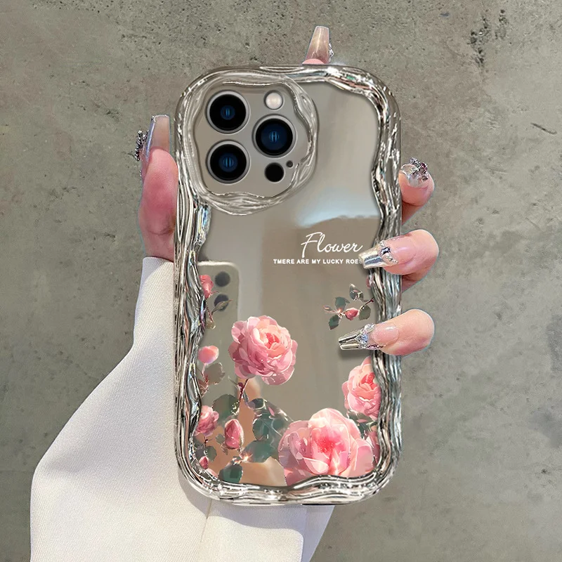 Розовый чехол для iPhone XR, 11, 12, 13, 15, Pro, Max на Айфон, зеркальный, силиконовый с цветами, розы