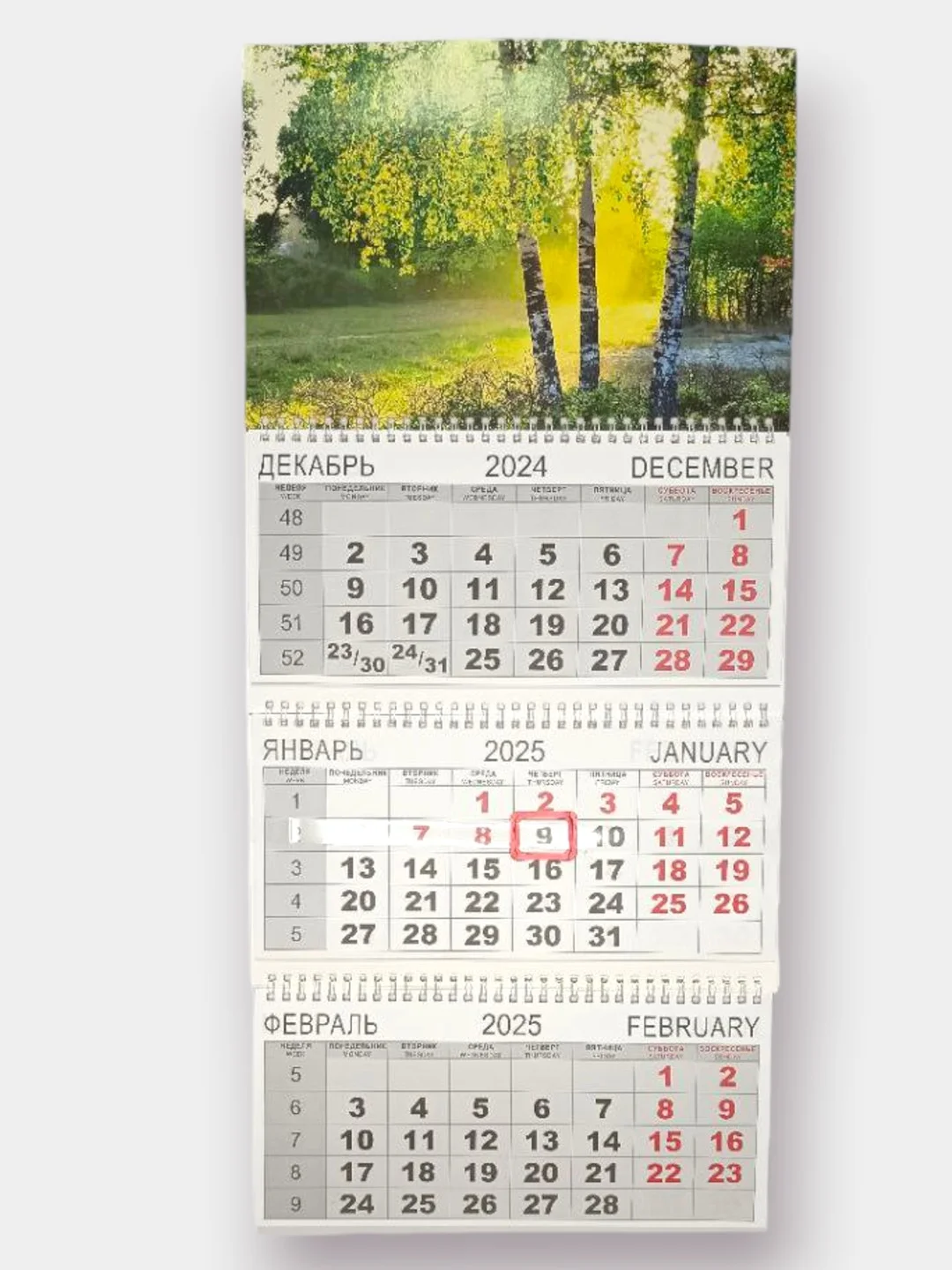 Пастельно-коралловый большой настенный календарь трехблочный квартальный на 2025 год