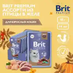 Корм влажный Brit Premium для взрослых кошек, ассорти из птицы в желе, 85 г *14шт