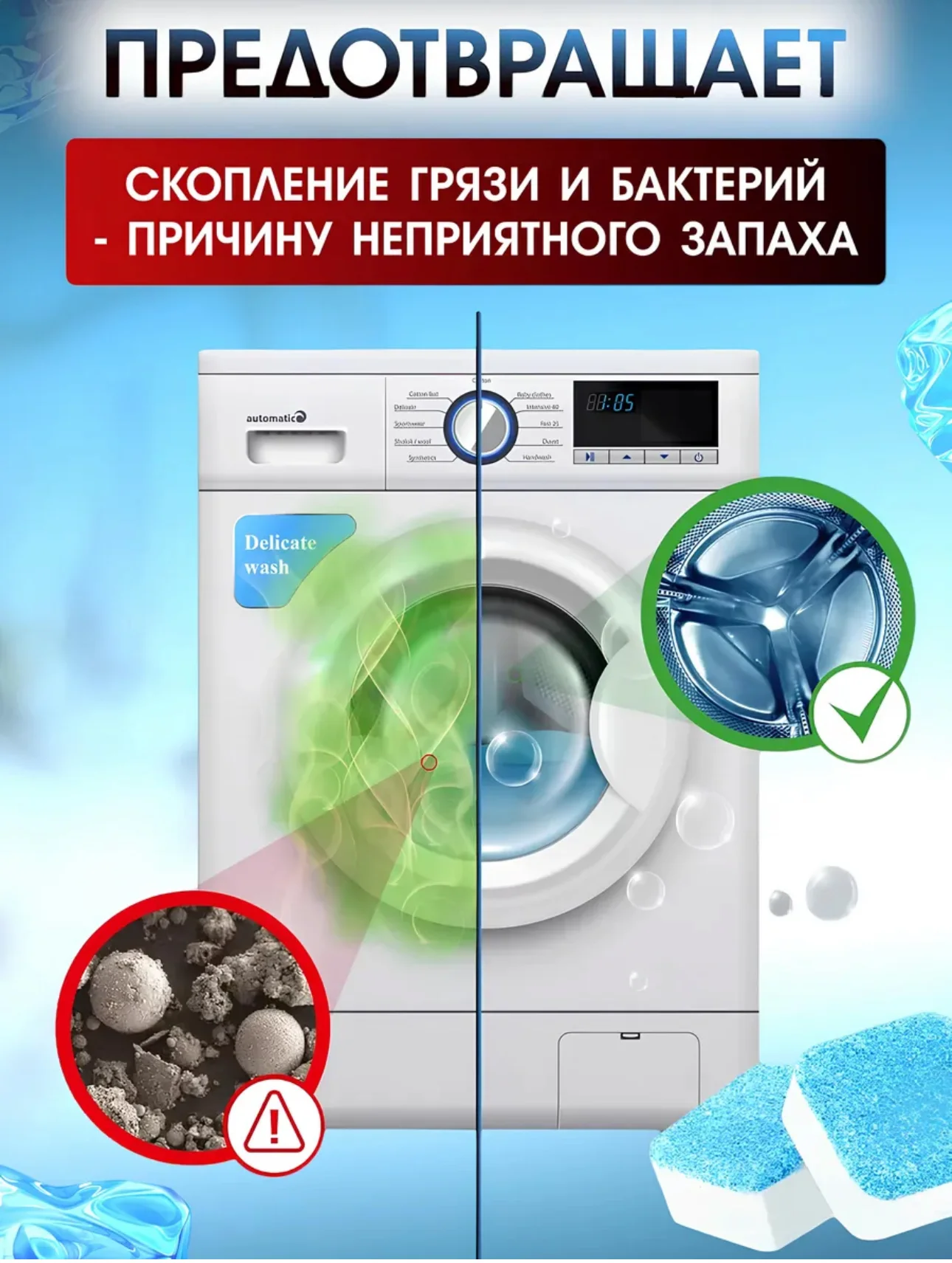 Шипучие таблетки для очистки стиральной машины, Средство от накипи и грязи, 12 шт