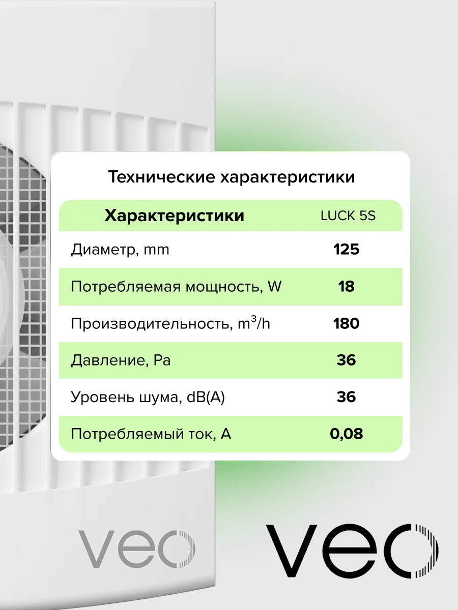 Вентилятор вытяжной D 125 мм VEO LUCK 5S, с москитной сеткой, с коротким фланцем