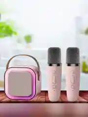 Розовый колонка караоке k12 с двумя микрофонами и LED подстветкой