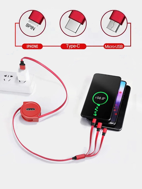 Кабель 2.4А для зарядки 3 в 1, Type-C, Micro-USB, Lightning iPhone, на катушке