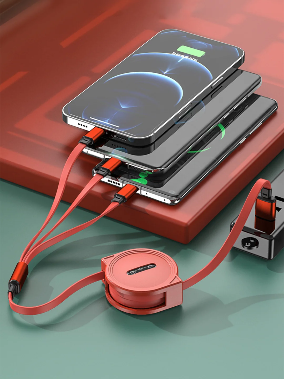 Кабель 2.4А для зарядки 3 в 1, Type-C, Micro-USB, Lightning iPhone, на катушке
