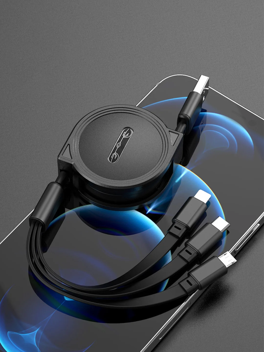 Черный кабель 2.4А для зарядки 3 в 1, Type-C, Micro-USB, Lightning iPhone, на катушке