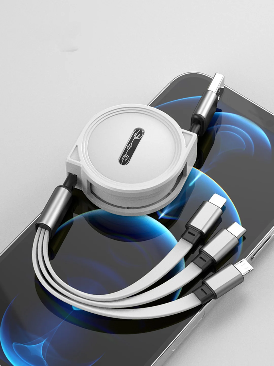Белый кабель 2.4А для зарядки 3 в 1, Type-C, Micro-USB, Lightning iPhone, на катушке