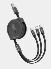 Черный кабель 2.4А для зарядки 3 в 1, Type-C, Micro-USB, Lightning iPhone, на катушке