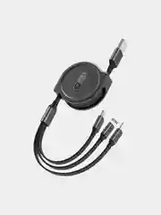 Черный кабель 2.4А для зарядки 3 в 1, Type-C, Micro-USB, Lightning iPhone, на катушке