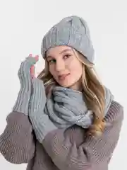 Серый комплект: шапка женская зимняя, хомут, варежки, шарф, снуд в два оборота, зимняя