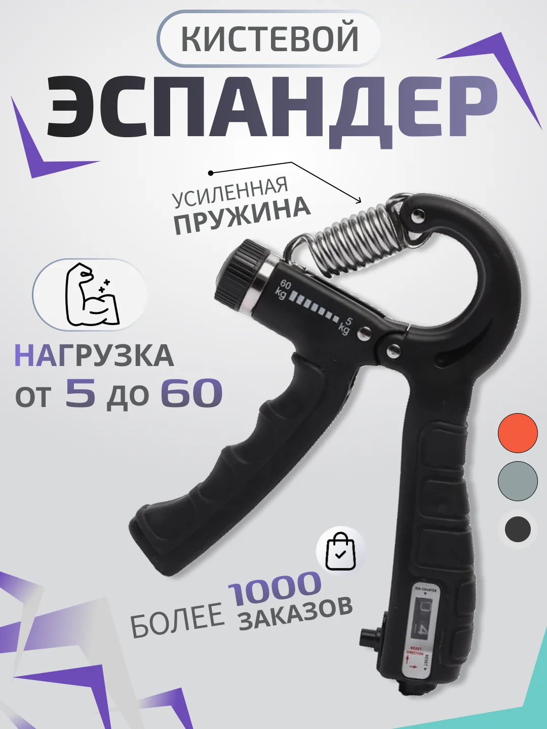 Черный эспандер кистевой, пружинный с регулировкой нагрузки от 5 до 60 кг