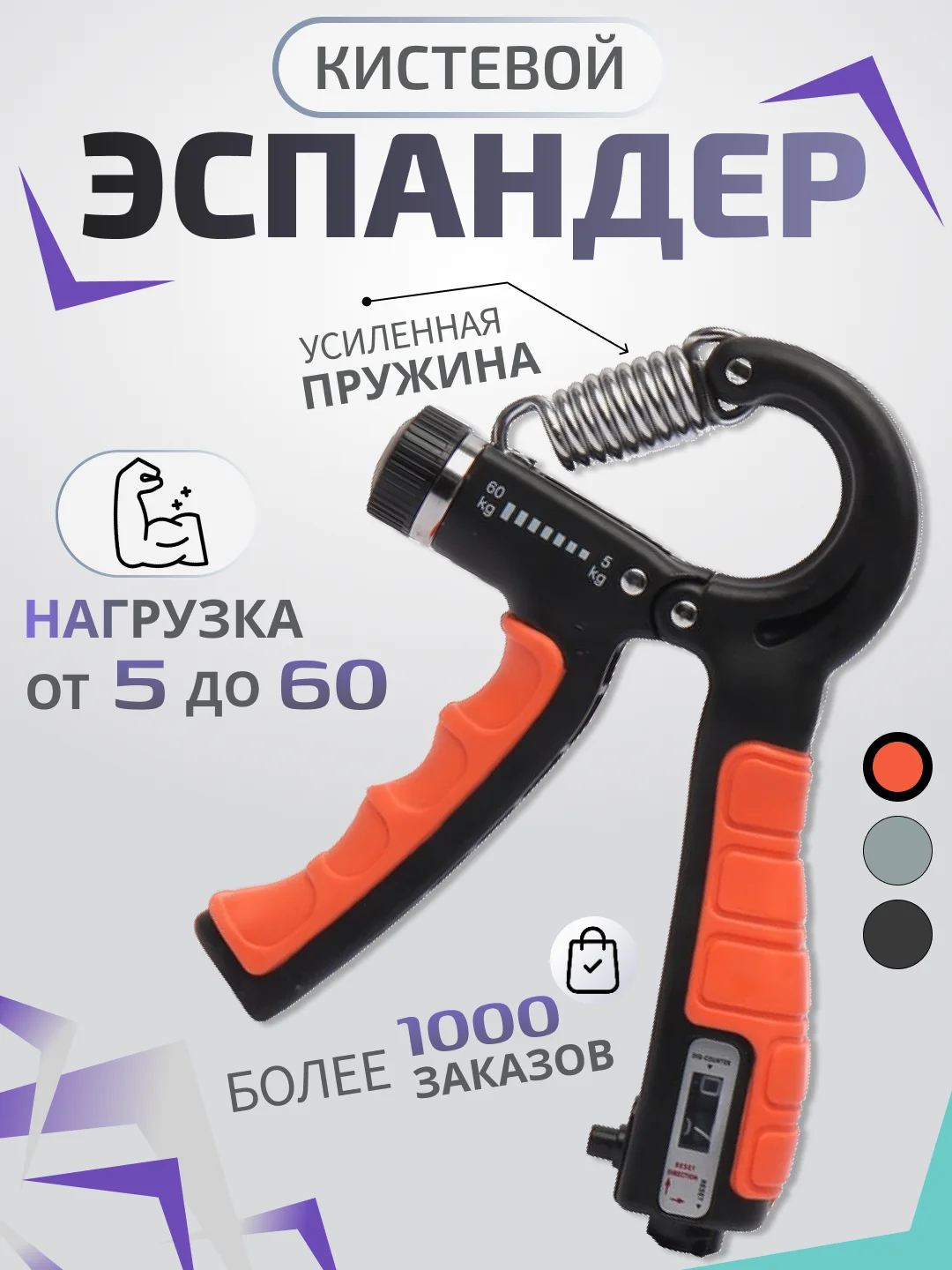 Оранжевый эспандер кистевой, пружинный с регулировкой нагрузки от 5 до 60 кг