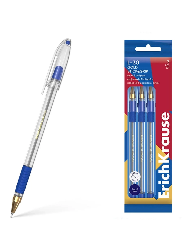 Набор из 3 ручек шариковых ErichKrause L-30 Gold Stick&Grip Classic 0.7, цвет синий