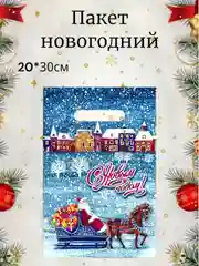 Голубой пакет новогодний подарочный, полиэтиленовый с вырубной ручкой, 20 х 30 см, 10 шт