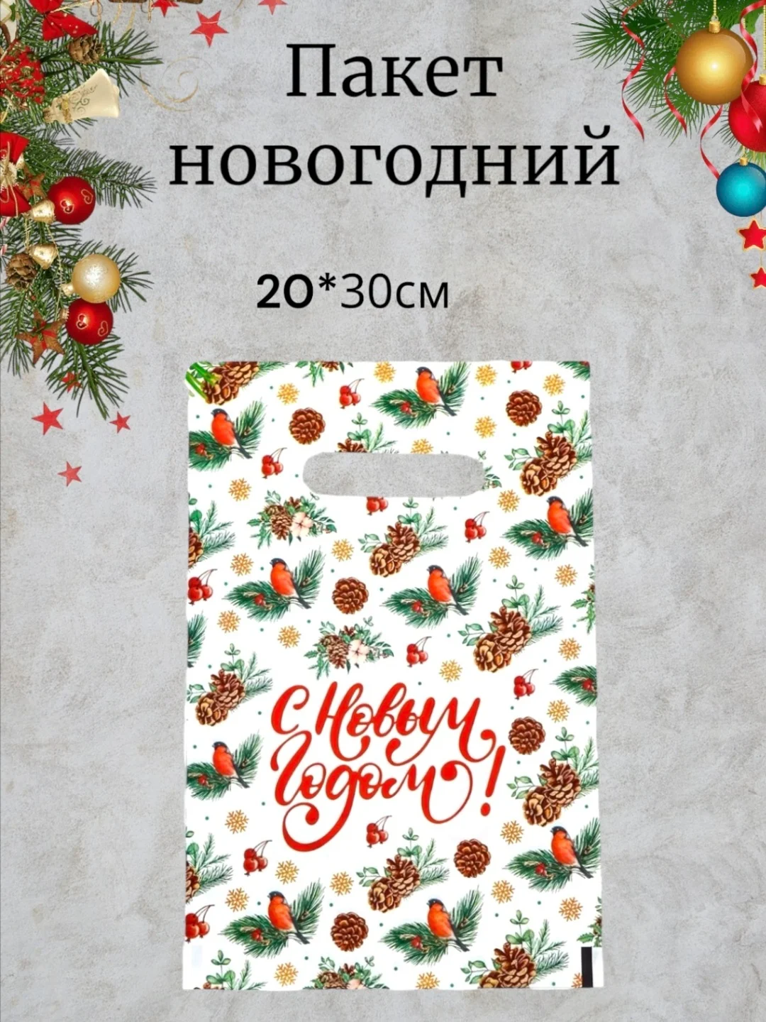 Белый пакет новогодний подарочный, полиэтиленовый с вырубной ручкой, 20 х 30 см, 10 шт
