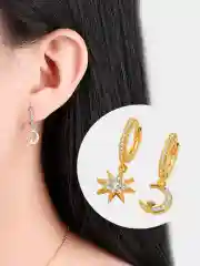 Золотой асимметричные серьги-кольца луна звезда