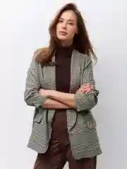 Бежевый пиджак удлиненный повседневный в клетку
