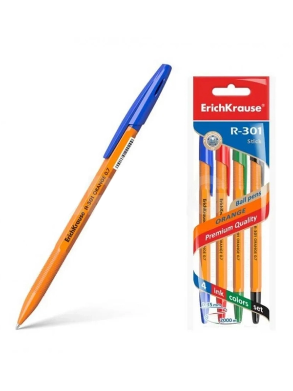 Набор из 4 ручек шариковых ErichKrause R-301 Stick Orange 0.7, цвет: син, черн, красн, зел