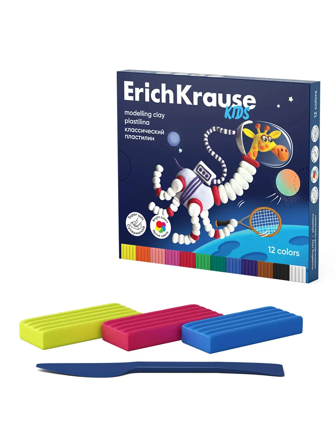 Пластилин классический ErichKrause Kids Space Animals 12/18/24 цвета со стеком