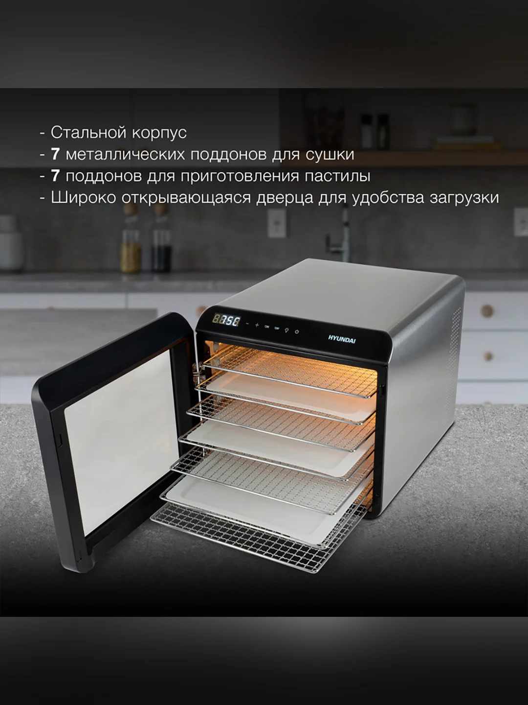 Сушка для фруктов и овощей Hyundai HYFD-8801 14под. 600Вт серебристый