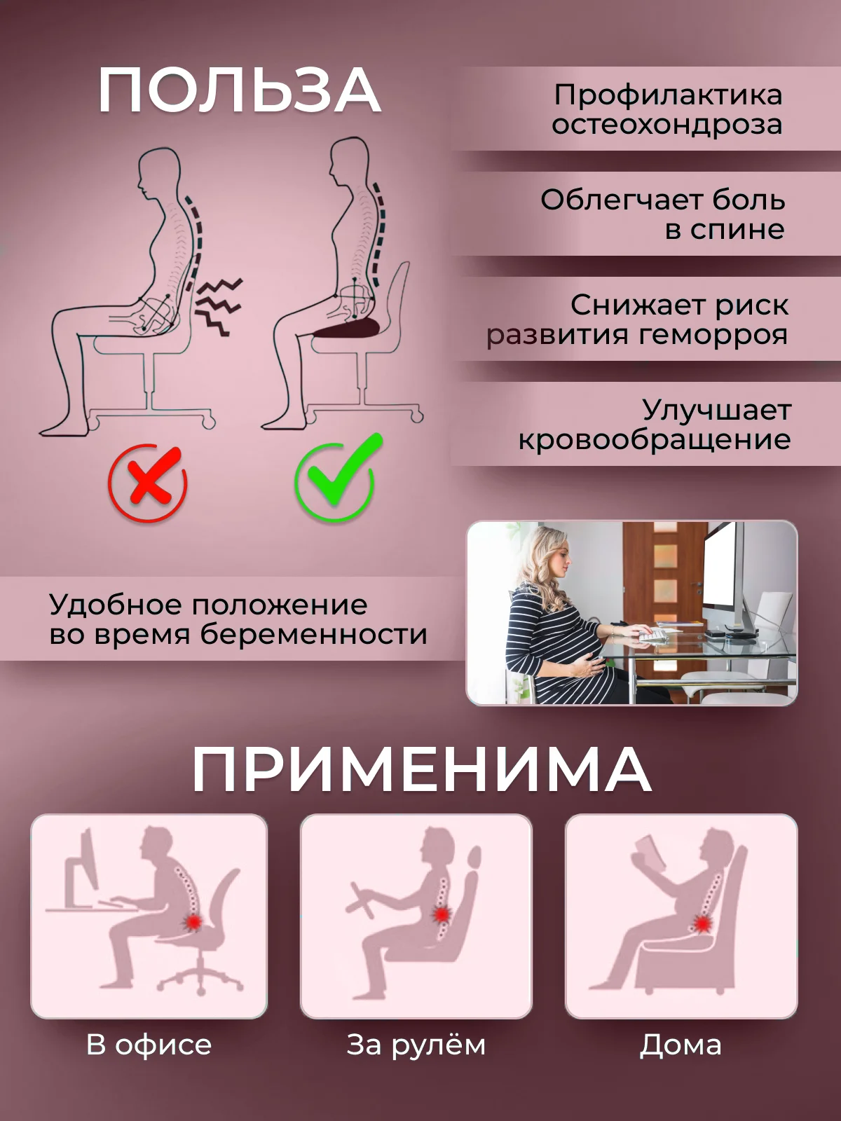 Подушка на стул 2 шт ортопедическая анатомическая, для поясницы с эффектом памяти