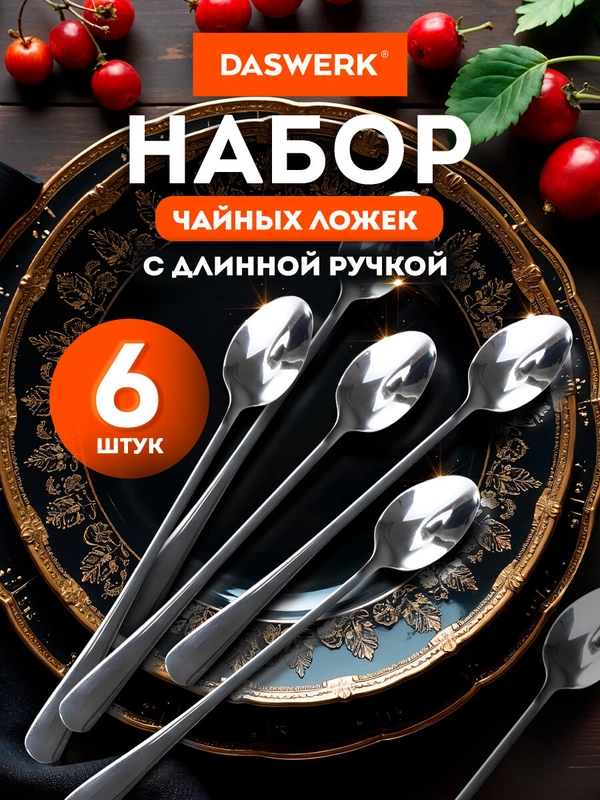 Ложки чайные Daswerk, 609076, набор 6 штук 19,5 см длинные, нержавеющая сталь, серебристые
