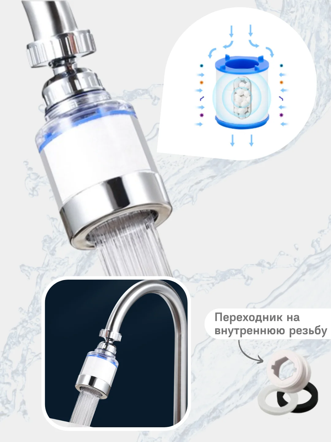 Тёмно-серый универсальный аэратор с фильтром, насадка на кран. Поворотная насадка с фильтром на кран