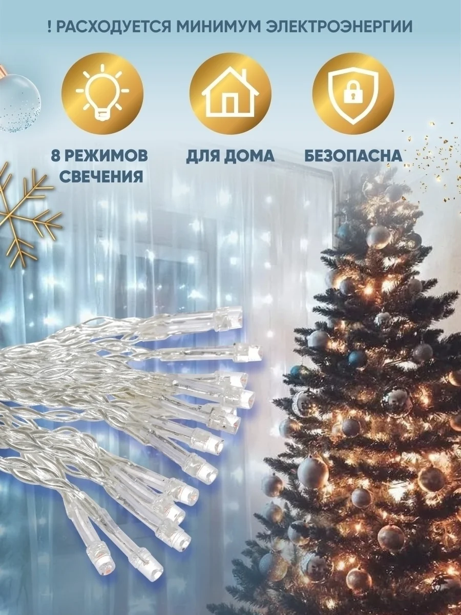 Серебряный гирлянда-штора на окно новогодняя, Электрическая гирлянда штора